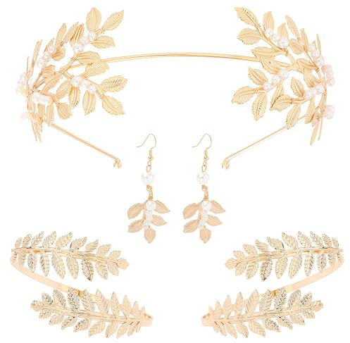 AstraGlam 5-Teiliges Greek Goddess Schmuck Set, Goldenes Blätterkopfschmuck, Boho Lorbeerkranz Tiara, Perlen Ohrringe, Elegante Accessoires für Frauen, Hochzeit, Party, Toga