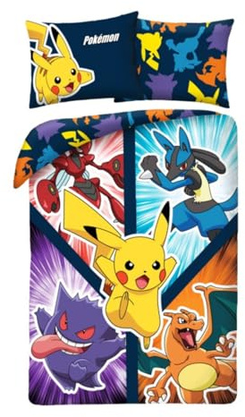 Parure de Lit Pokemon pour Enfant, Housse de Couette 140x200 cm et Taie d'oreiller, avec Pikachu, Dracaufeu, Lucario, Ectoplasma et Cizayox, 100% Coton