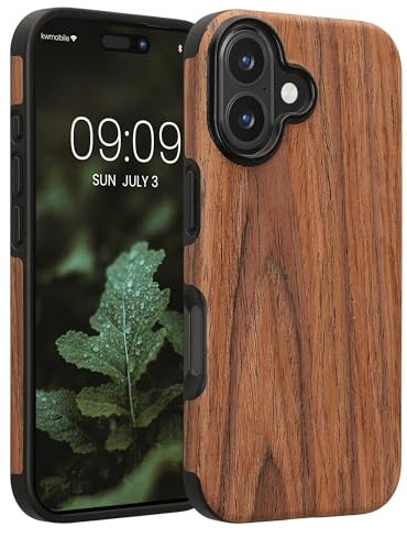 kwmobile Hülle kompatibel mit Apple iPhone 16 - Holz TPU Case Handy Schutzhülle - Backcover Cover Holz Maserung Braun