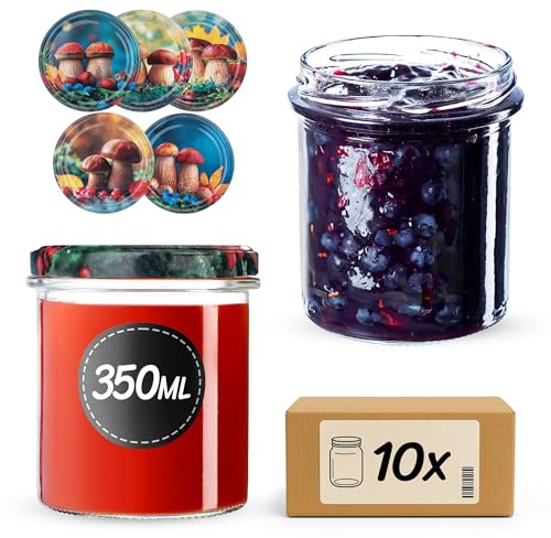 KADAX 10er Set Marmeladengläser 350ml TO82 Wald, Einmachgläser Vorratsgläser Mason Jar mit Schraubdeckel, Luftdichte Schraubgläser, Honig & Konfitüre