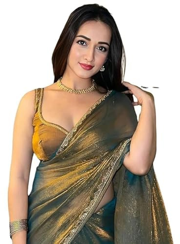 Accessorize Kingdom Women's Chiffon Two Tone Saree (With Blouse) (Gold 2, Free Size)
