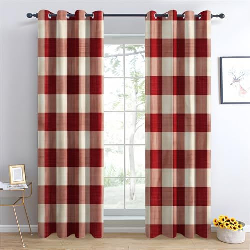 Luxfieo Büffelkaro Vorhänge Rot Beige Kariert Karomuster Vorhang Blickdicht Gardinen 220 cm Lang Verdunklungsvorhänge mit Ösen Thermovorhang für Wohnzimmer Schlafzimmer Fenster Deko 2er Set