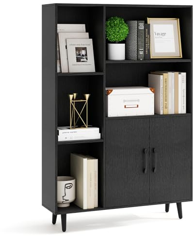 COSTWAY Wooden Bookcase, Free Standing Sideboard Storage Cabinet with 5 Open Compartments and Double Doors, Tall Bookshelf Display Organiser Unit for Living Room Dinning Bedroom Hallway (Black)