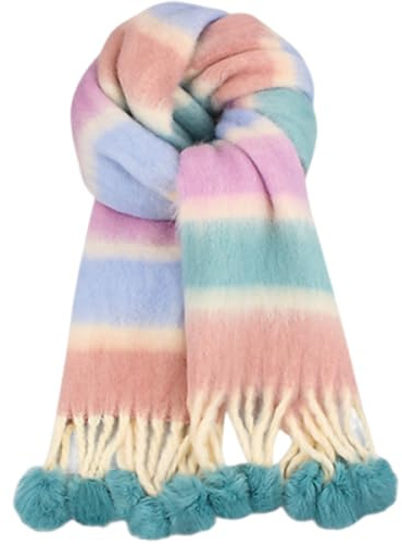 AMOFIA Girls Knit Scarf Colorful Warm Scarves Soft Striped Wraps with Pom 3-12 Years