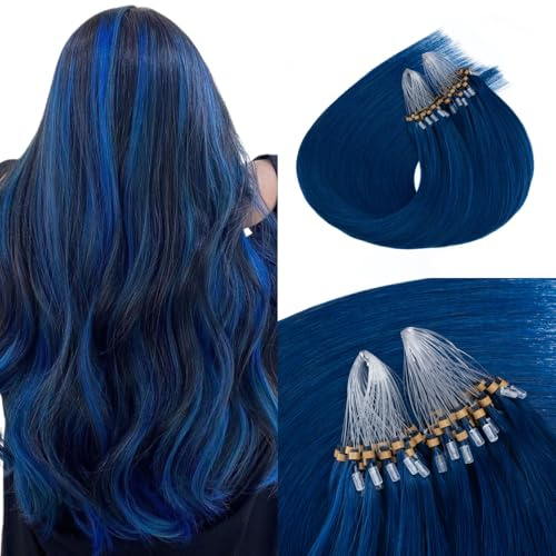 Microlink Hair Extensions Human Hair Blue Color Bead Hair Extensions Highlight Micro Beads Hair Extension 18 Inches Micro Loop Hair Extension 50g