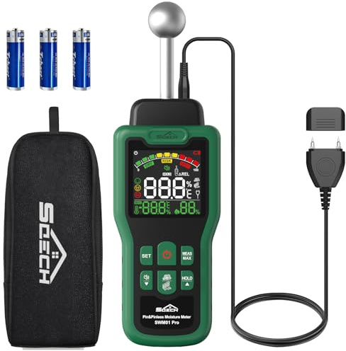 Feuchtigkeitsmessgerät, SQECH Feuchtigkeitsmesser mit Thermometer, Alarm, Multifunktionaler Feuchtemessgerät mit Farb-LCD, Nadel-Sensor für Wand, Holz, Mauerwerk,Wohnwagen, Wohnung