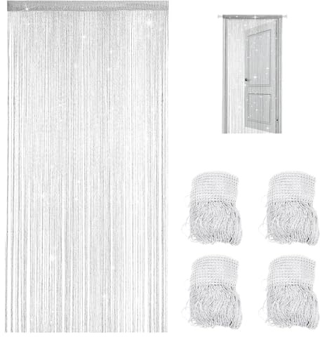 Bcuuozeeing Set med 4 dörrgardiner med fransar, 100 x 200 cm, paljetter, rumsavskiljare, myggnät för sovrum, café, restaurang, dörr, vit