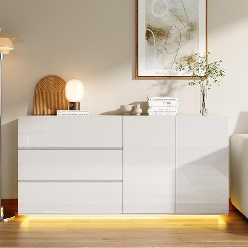 UnboxGermany Buffet avec LED, Meuble à Tiroirs Laqué Brillant avec 3 Tiroirs et 2 Compartiments Derrière la Porte, Meuble de Rangement, 160x35x76 cm (Blanc)