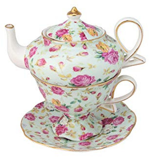 Gracie China by Coastline Imports 4 piezas de té de porcelana para uno, plato apilado para tetera, chintz azul