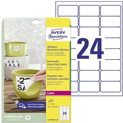 AVERY Zweckform L4773REV-20 Wetterfeste Folienetiketten (480 Aufkleber, 63,5x33,9mm auf A4, selbstklebend, wasserfest, wiederablösbar, strapazierfähig, bedruckbare Outdoor Klebefolie) 20 Blatt, weiß