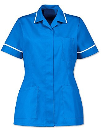 WOMENS NURSES HEALTHCARE TUNIC, DENTAL VET SALON, HOSPITAL BLUE WITH WHITE TRIM, POINTED COLLAR INS32HB (UK 16 / EU 44 (TO FIT BUST 41/104cm))