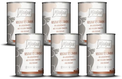 MjAMjAM - Premium Nassfutter für Hunde - herzhaftes Lamm an gekochtem Reis mit frischen Tomaten, 6er Pack (6 x 400 g), naturbelassen mit extra viel Fleisch