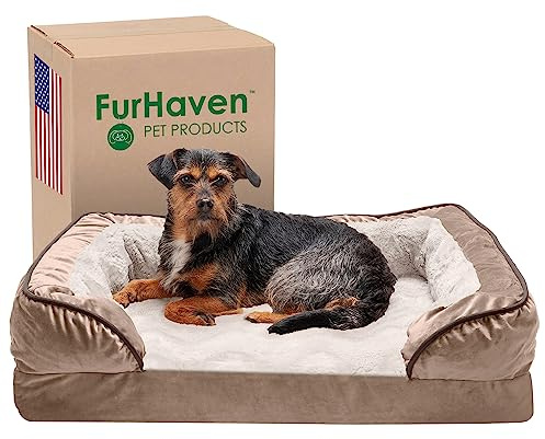 Furhaven Memory Foam Dog Bed for Medium/Small Dogs w/ Removable Bolsters & Washable Cover, For Dogs Up to 35 lbs - Plush & Velvet Waves Perfect Comfort Sofa - Brownstone, Medium
