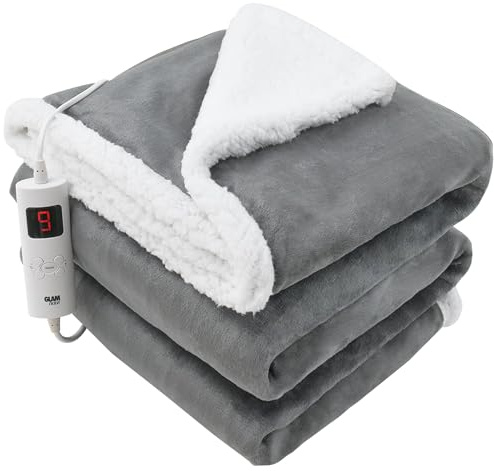 GlamHaus Heated Throw Electric Fleece Over Blanket Sofa Bed Large 160 X 130cm - 6 Heat and 3 Timer Auto Shut Off - Soft Reversible Design - Digital Control - Machine Washable (160x130cm Grey)