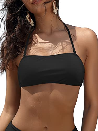 SHEKINI Costume da Bagno Donna Due Pezzi Imbottito Halter Regolabile Bandeau Bikini Top Costumi Due Pezzi Donna Vita Alta Controllo Addominale Bikini Fondo(XL, Bikini Top-Nero)