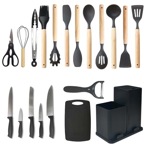 Küchenhelfer Set: All in One 20 tlg und Messerset, mit Holzgriff – Hitzebeständig & BPA-frei – Perfekt für jede Küche