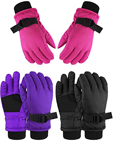 Hicarer 3 Pairs Kids Ski Snow Full Finger Multicolor Gloves Winter Waterproof Warm Mitten for Boy Girl Children (Rose Red, Purple, Black, 3-5 Years)