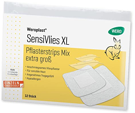 WERO Weroplast® SensiVlies XL Pflasterstrips Mix extra groß, 12 Stk/Pkg | weiche Vliespflaster für sensible Haut, hautfreundlich, anschmiegsam & nicht mit der Wunde verklebend