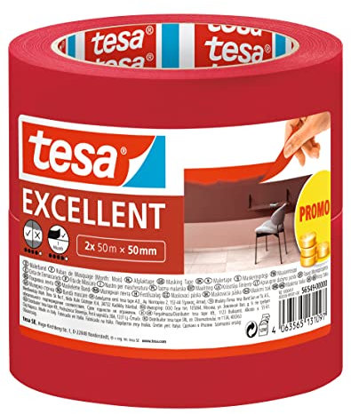 tesa Malerband Excellent - Malerkrepp mit dünnem Papierträger zum Abkleben bei Malerarbeiten - für alle Farben, Lacke und Lasuren - für den Innenbereich - 2x 50 m x 50 mm