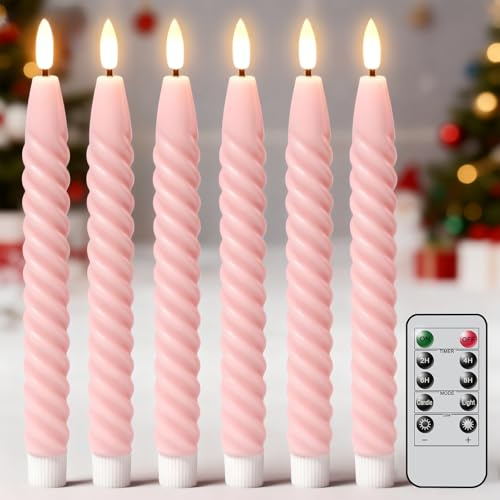 Eldnacele LED Stabkerzen mit Timerfunktion flackernde Flamme, Spiralkerzen gedrehte Stabkerzen dekorative Haushaltkerzen Tropffrei Rosa Ø 2 x 25 cm aus Stearin für Restaurants, Hochzeiten und Partys