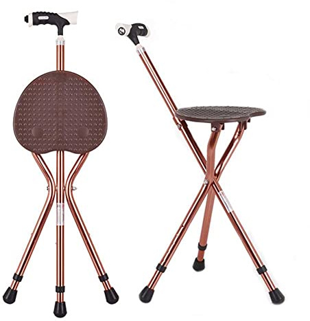 PeiBan Siège De Canne Pliant, Bâton De Marche Léger À Trépied Réglable en Hauteur Et Siège avec Lumière LED, Tabouret À Béquille À 3 Pieds pour Personnes âgées ou handicapées (Brown)