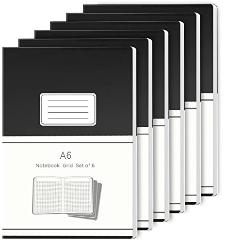 JiaWei 6 Stück Notizbuch A6 Kariert, 32 Blatt 64 Seite, 80 g/m², Notizheft, Notizbücher, Augenschutz-Papier, Einband aus Schwarz Kunstdruckpapier