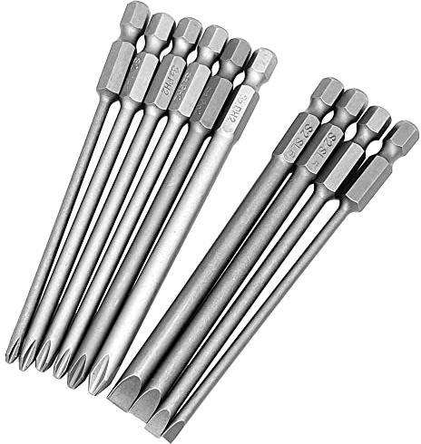 10 Stück 100mm Magnetisch Kreuzschlitz und Schlitz kopf Schrauberbit Set | Saipor Extra Lang Schraubendreher Bits Satz 1/4 Zoll Sechskant Elektrischer Schraubendreher Werkzeuge Schraubenziehe Set