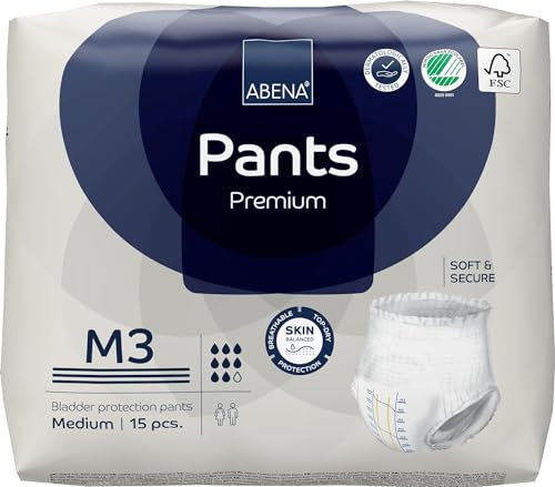Abena Pants Premium Inkontinenzhose zum Hochziehen, Eco-Labeled Inkontinenzhose für Männer und Frauen, diskret, schützend, atmungsaktiv, bequem, Größe M 3, Taille 80-110 cm, Saugfähigkeit 2400 ml, 15
