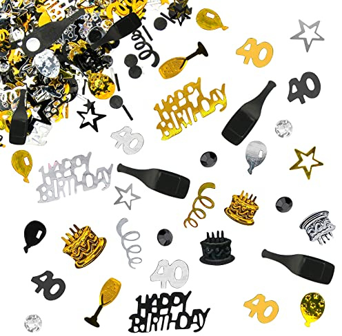 Giftota Konfetti Happy 40th Birthday – 100 g – Zahl 40 Tischstreuung – Metallfolien-Dekorationen für Geburtstagsparty, DIY Kunst und Handwerk – Schwarz, Gold, Silber