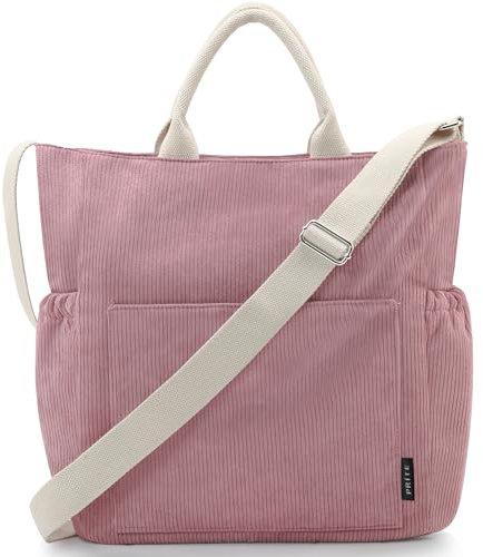 Prite Shopper Tasche Damen Groß Cordtaschen Tote Bag Cord Beuteltasche Stofftasche mit Verstellbarem Schultergurt für Arbeit Reisen Einkaufen Schule College