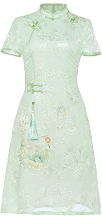 YAROVA Vestido Chino De Mujer - Verano Corto Cheongsam Bordado Gasa Estilo Oriental Banquete Tradicional Vestidos De Noche Qipao para Mujeres,Verde,L