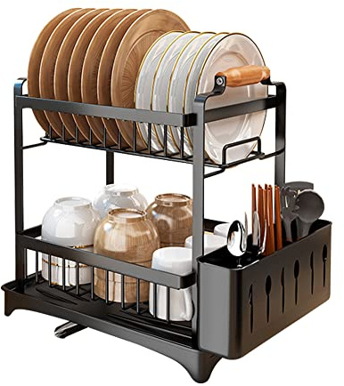 RELOVE Scolapiatti Bianco,Colapiatti 2 Ripiani,in acciaio inox,Scolapiatti Compatto,Scolapiatti da Appoggio per lavello,con porta utensili,portabicchieri,36 * 26 * 37,5 cm - Nero