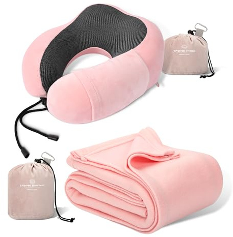urnexttour Ensemble oreiller et couverture de voyage essentiels pour le voyage - Couvertures compactes et douces en mousse à mémoire de forme pour dormir, voyage, avion, voiture, camping - Rose