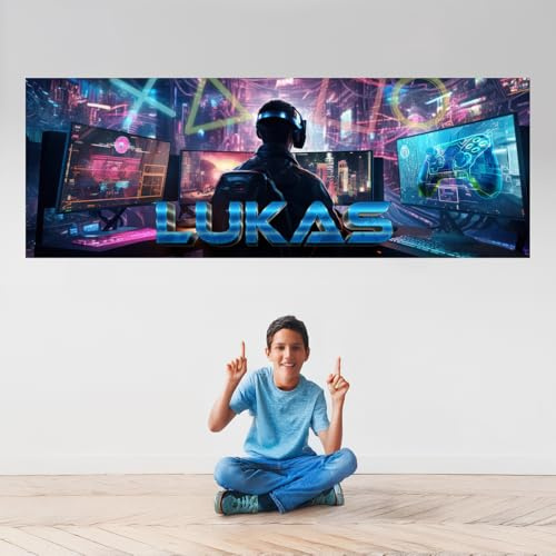 tjapalo® vz60 Gamer Poster mit Namen personalisiert gaming deko gamer Bild für die Wand Jugendzimmer Wandbild Kinderzimmer jungs gamer Poster gaming zimmer Bilder für Teenager, Größen Name: B70xH24cm