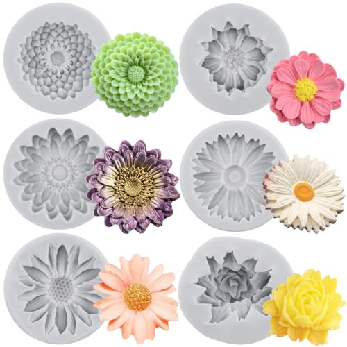 MYPRACS Lot De 6 Moules En Silicone En Forme De Fleur De Chrysanthème Pour Fondant Marguerite Fleur Chocolat Bonbons Pour Décoration De Gâteaux Cupcakes Argile Polymère Pâte À Gomme