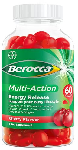 Berocca Multi-Action Multivitamin Gummies - Including Vitamin D, C, A, B-Complex (B1, B2, B3, B6, B7 & B12), E - Supplement for Women, Men and Kids - 60 Gummies - Cherry Flavour
