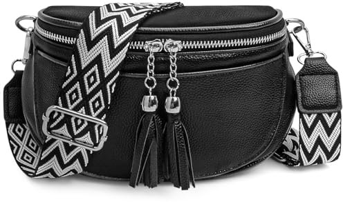 Tibimon Bauchtasche Damen Stylisch, Umhängetasche Damen Breiter Gurt, Crossbody Bag Damen Breiter Gurt mit Gemusterten & Verstellbaren Schultergurt für Reisen Einkaufen (Schwarz)