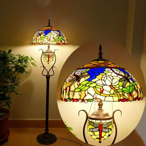 Retro Tiffany Style Wohnzimmer Libellen Stehlampe mit Kabelzugschalter Büro Glas Stehleuchte Ø46CM Schlafzimmer Leselicht E27 Nachttisch-Nachtlicht 4 Flammig für Arbeitszimmer Loft Bar coffe (B)