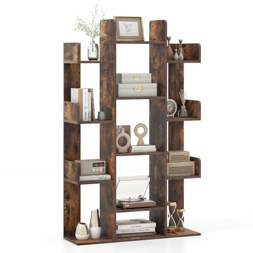 COSTWAY Bücherregal im Baumform, Regal mit 13 offenen Fächern, Standregal, Aufbewahrungsregal für Wohnzimmer oder Büro, vintagebraun, 86 x 24,5 x 141 cm