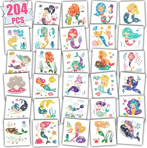 Leesgel 204 Blätter Meerjungfrau Tattoo Mädchen, Glitzer Kindertattoos Set Sticker Klebetattoos, Meerjungfrau Deko Perfekt für Geburtstagsdeko Mädchen Kindergeburtstag