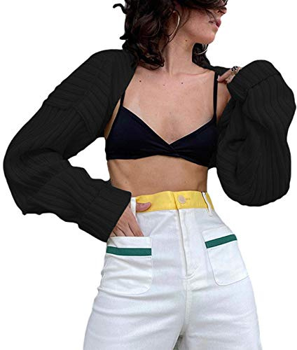 Womens Knitted Shrug Ultra Short Sweater Long Sleeve Loose Slouchy Cardigan Crop Tops Ribbed Knit Cropped Sweater (Black, ONE Size)
