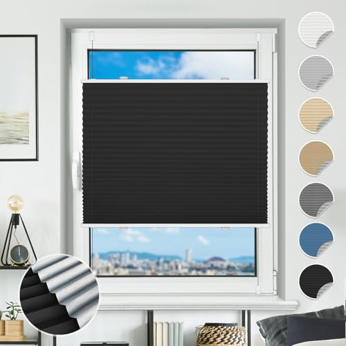 Plissee ohne Bohren Verdunkelung Plissees Klemmfix Schwarz 90x150cm(BxH) 100% Blickdicht Verdunklungsplissee Fensterrollo innen ohne Bohren Aluminium Rollos für Fenster & Tür