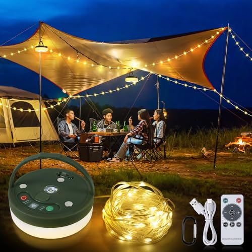 SMY Lighting 3 in 1 Camping String Light Rechargeable(32.8Ft), Warm White Portable Outdoor String Lights, Tent Fairy Lights, Multi-Modes & Brightness,USB RV Awning Lights for Camper, Hiking and Yard