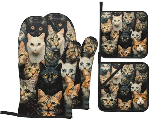 4 Pezzi Presine Da Cucina Set Cat Print Guanti Da Forno Professional Cucina Guanti Divertenti Guanti Termoisolanti Per Grill, Bbq, Cuocere