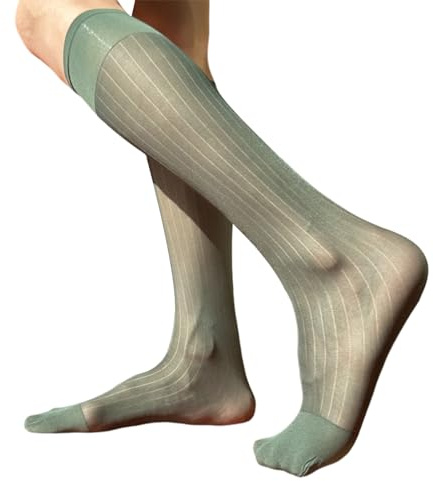 JOERBABU Strümpfe, dünne Herrensocken, Seide, durchsichtig, formelle Business-Socken, weiches Nylon, über der Wade, Anzugsocken, breit gestreift, lange Strümpfe, grün, Size: Recommended size 36-46