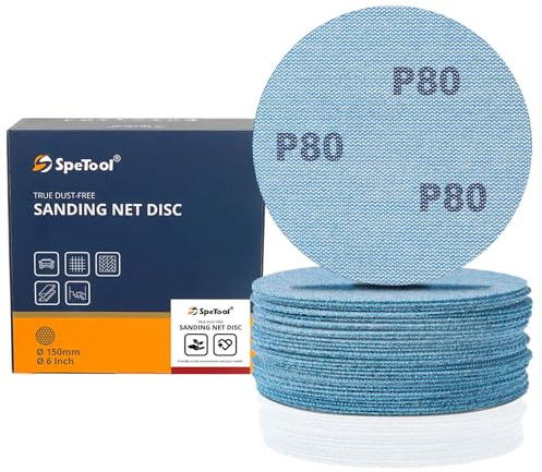 SpeTool Disco de lijado de red, discos de lija antibloqueo de 6 pulgadas con protector de almohadilla de lijadora, 30 discos de papel de lija, grano 80, papel de lija de malla de velcro sin polvo para
