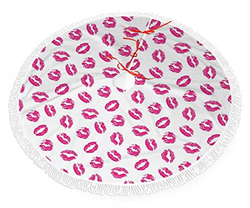 Estampado de beso, falda de árbol de Navidad, cordones de Navidad con decoraciones de borlas, impresión de lápiz labial de colores, suministros de fiesta de Navidad, adorno de árbol, rosa y blanco, 36