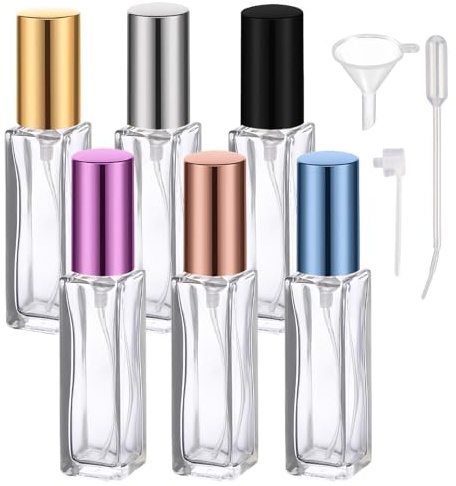 SWJLR 10ml Refillable Glass Perfume Atomizer, 6 Pcs Travel Spray Bottle with Aluminum Cap, Portable Empty Fragrance Container for Men Women (Multi-Color)
