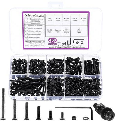 450 Pz M3 Set di Viti Bulloni e Dadi, M3 Bulloni a Testa Esagonale Tonda, Bullone Viti a Testa Brugola e Dadi e Rondella Set(Nero)