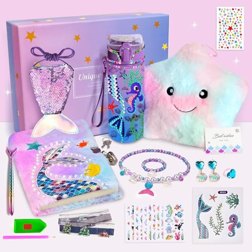 GEEKEO Flickgåva 2-10 år, sjöjungfru gåva gör-det-själv vattenflaska dagbok hemlig flicka ljus plysch kudde smycken myntväska set sjöjungfru leksak födelsedagspresent barn flickor gåvor